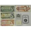 Image 1 : Lot of CAN Banknotes w/ ICCS and NGC Coins. Include (2) $1 CAN Banknotes, (2) $2 CAN Banknotes, NGC 