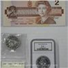 Image 3 : Lot of CAN Banknotes w/ ICCS and NGC Coins. Include (2) $1 CAN Banknotes, (2) $2 CAN Banknotes, NGC 