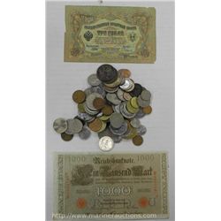 World Currency Lot. Includes (2) World Bank Notes and Lot of World Coins.