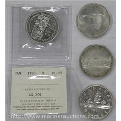 CAN Dollar Lot: Includes ICCS 1958 CAN $1 and 3 Loose CAN Dollars.