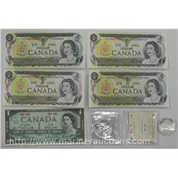 CAN One Dollar Collector Lot w/ ICCS CAN Coin. Includes: (5) $1 CAN Banknotes, CAN ICCS 1957 $1 and 