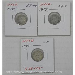 Lot of 3 Silver NFLD 5c Coins.