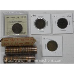 Penny Lot. Includes ICCS CAN 1919 1c Lustrous Brown, 3 Large Cents, and 3 Rolls of Pennies w/ Mixed 