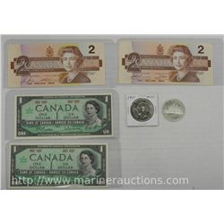 Lot of 4 Banknotes w/ 2 CAN Dollars. Includes (2) $2, (2) $1 and 2 CAN Loose Dollars. Mixed Years.