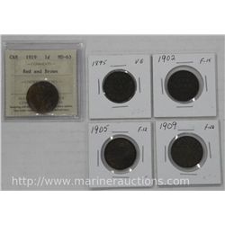 Cent Collection. 4 Large Cents (Late 1800's, Early 1900's) and ICCS CAN 1919 Red and Brown 1c.