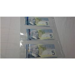 3 Sequentially Numbered 5 Dollar Bank Notes