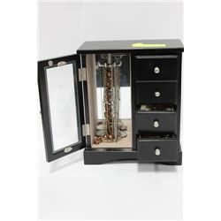 BLACK ETCHED GLASS JEWELRY BOX W/ CONTENTS