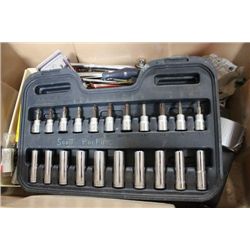 LARGE BROWN BIN OF FULL OF TOOLS AND SOCKETS ETC..