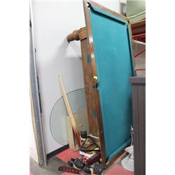 OLD SCHOOL POOL TABLE W/ 6 CUE STICKS & CUE STANDS