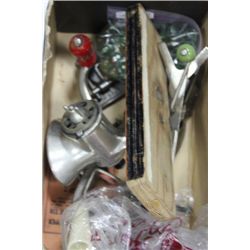 BOX OF VINTAGE MEAT GRINDER AND MARBLES