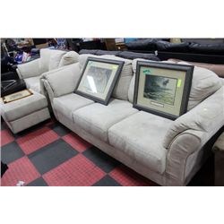 BEIGE MICROFIBRE SOFA/LOVESEAT AND OTTOMAN