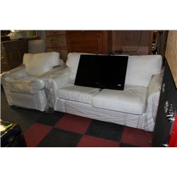 WHITE FABRIC LOVE SEAT AND CHAIR