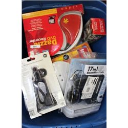 TOTE OF ELECTRONICS AND HOUSEHOLD ITEMS ON