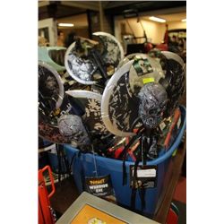 TOTE OF HALLOWEEN SKULLS/AXES/COSTUMES/SWORDS ETC