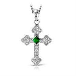 575-11307:14K WHITE GOLD EMERALD & DIAMOND CROSS