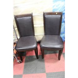 PAIR OF WOOD AND BLACK LEATHERETTE SIDECHAIRS