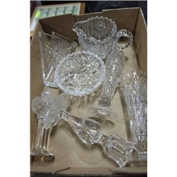 BOX OF CRYSTAL VASES, NAPKIN HOLDER ETC