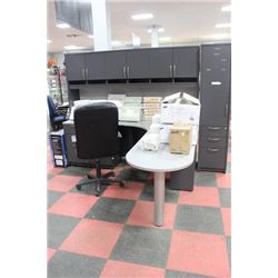 CORNER OFFICE DESK W HUTCH AND FILING CABINET