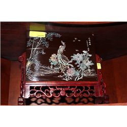 ESTATE WOOD CARVED PEARL INLAY BIRD PLAQUE