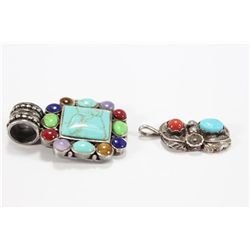 Two Sterling Silver Turquoise and Coral Pendants
