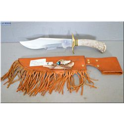 Stag Bison Huner Bowie Knife [ w/ brass hilt & stag handle, c/w heavy leather sheath w/fringe, horn 