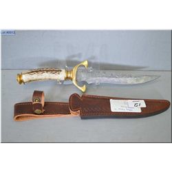 Unknown Maker Warrior CM w/forged Damascus steel blade w/stag & brass handle [ w/custom fit leather 