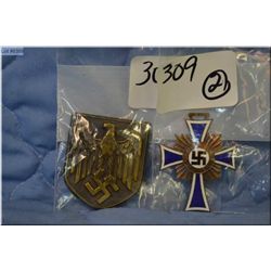Lot of Two Nazi Items : Nazi Cap Device Pith Helmet Emblem [ all pins intact ] - Nazi Mother's Cross