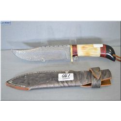 Unknown Hunting Knife w/hand forged Damascus blade, brass hilt, multi toned handle [ w/grey leather 