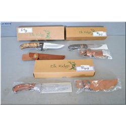 Lot of Three Elk Ridge Hunting Knives w/leather sheaths & boxes [ various models ]