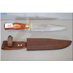Unknown Forged Damascus Pattern blade Bowie Knife w/brass hilt, wooden handle w/leather sheath