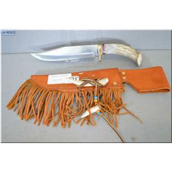 Stag Crown Bowie Knife w/brass hilt, stag handle, w/fringed leather sheath w/decoration  ser # BF252