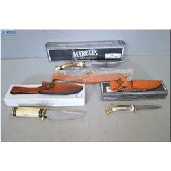 Lot of Three Hunting Knives w/sheaths & orig boxes [ Unknown w/sheath marked Great Seal of the State