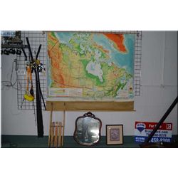 Lot of Four Items : Large Canadian Wall Hanging Map - small child's antique wooden sleigh - antique 