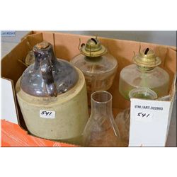 Box Lot : 1 Gallon antique pottery Jug - 4 antique coal oil lamps w/ 2 glass chimneys