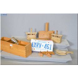 Lot of Three Items : Pkg of collectable License Plates - 2 Boxes : 2 antique wooden butter molds , s