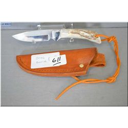 Stag Drop Point Hunting Knife w/leather sheath, Ser # BF 2525