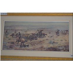 Large Gilt Framed Picture, "The Round Up", after C.M. Russell " Print # 64 [ purchased at the Charle
