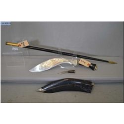 Lot of Two Items : Gurkha Knife [ Dislplay Item, black leather scabbard, missing one small knife ] -