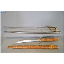 Lot of Two Items : Replica Oriental style Sword w/15" blade w/very ornately carved wooden handle & m