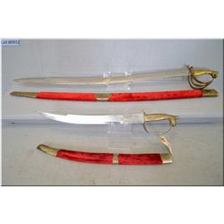 Lot of Two Items : Indian Sabre w/ornate design on 30"  blade, brass handle & red velvet scabbard - 