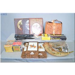 Lot of Two Tray  Lots : contemporary powder horn w/carved design of Bear being chased by honey bees 