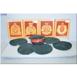 Box Lot : 4 Wooden Laminated Wall Plaques " RCMP Badges " 10" x 12" - Bag Lot : 5 Green Berets w/var