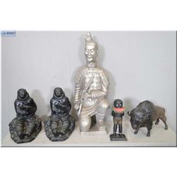 Box Lot : Statue of Japanese Samurai w/sword - Pair of Inuit Statues - cast iron statue of Buffalo -
