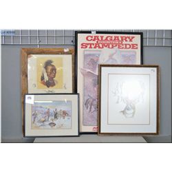 Lot of Four Items : Framed Charles Russel Print "The Wolfer's Camp 1906" - Rustic wooden framed Cale
