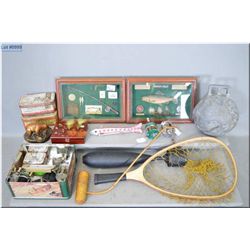 Lot of Two Boxes: Fishing Items : 6 antique fishing reels, wooden plugs & compass - Orig Canadian /B