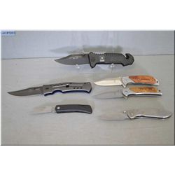 Bag Lot : Six Folding Knives [ 5 have clips ] 2 Brownings, (1) 25 Yr Buck - (1) Buck 327 - (1) Mkd U