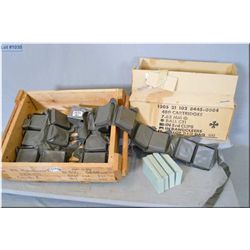 Lot of Two Items : wooden ammo box : Military ammo in plastic pouches w/belts & can of military ammo