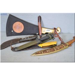 Tray Lot : Woodsman Pal w/case , U.S.M 8A1 Bayonet w/scabbard & frog , Swido knife w/scabbard , Gies