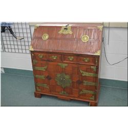 Asian Style Drop Front Desk [ bamboo style w/brass engraved hardware, two drawers & doors ]