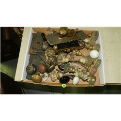 box of Primitive items including, door knobs / hardware